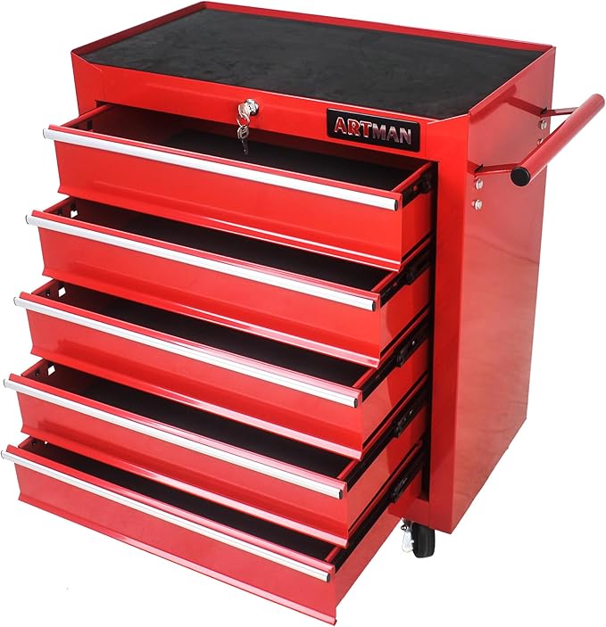 Rolling Tool Chest Metal Tool Box with Wheels Tool Cabinet Craftsman Tool Cart on Wheels Tool Box Portable Tool Box with Wheels 5 Drawers Multifunctional Tool Cart with Wheels, Red