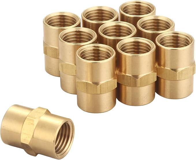 Brass Coupling 1/4 Inch NPT Female x 1/4 Inch NPT Female Hex Head Pipe Fitting, Pack of 10, Compressor connector 1/4 fnpt to 1/4 fnpt Coupler, Air Hose Adapter Brass Fittings