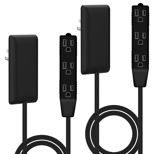 LIDER Flat-Face Outlet Extender with 3 Receptacles, Ultra-Thin Wall Plate Plug with Cord Extender and 3-Outlet Power Strip, 3ft Cord, LWE3-315-BK2P, Black, 2 Pack
