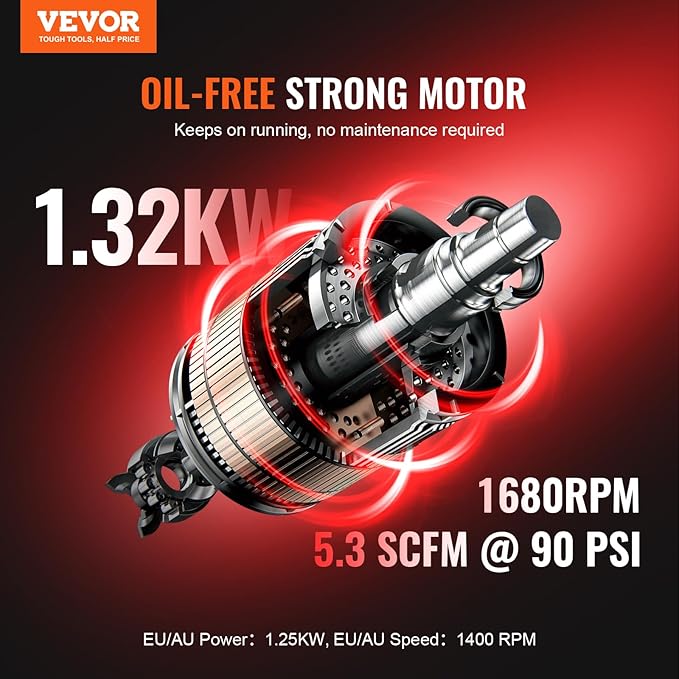VEVOR Air Compressor, 10 Gallon Steel Tank, 2HP 5.3 CFM@90 PSI Oil Free Air Compressor & Max. 125PSI Pressure, 78dB Ultra Quiet Portable Compressor, for Auto Repair, Tire Inflation, Spray Painting