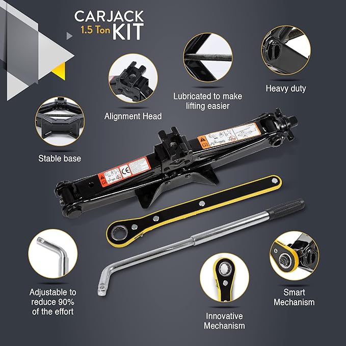 Car Jack Kit | Scissor Jack for Car 1.5 Ton (3,300 lbs) - Tire Jack Tool Kit | Portable, Ideal for SUV and Auto - Universal Car Emergency Kit with Lug Wrench | Heavy Duty Material