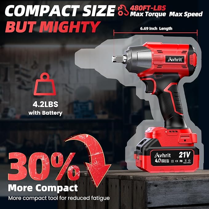 Cordless Impact Wrench, 480Ft-lbs (650N.m) 1/2 Inch Impact Gun Brushless, 3300RPM Electric Impact Wrench, 2x 4.0Ah Batteries, 4 Sockets, Charger, Power Impact Driver for Car Home
