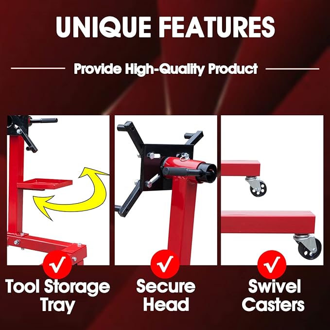 BIG RED TAM25671-1 Torin Engine Stand: Rotating Engine Motor Stand with 360 Degree Mounting Head, Extra Tool Storage Tray, 4-Casters and 4 Adjustable Arms, 5/8 Ton (1,250 lbs) Capacity - Red