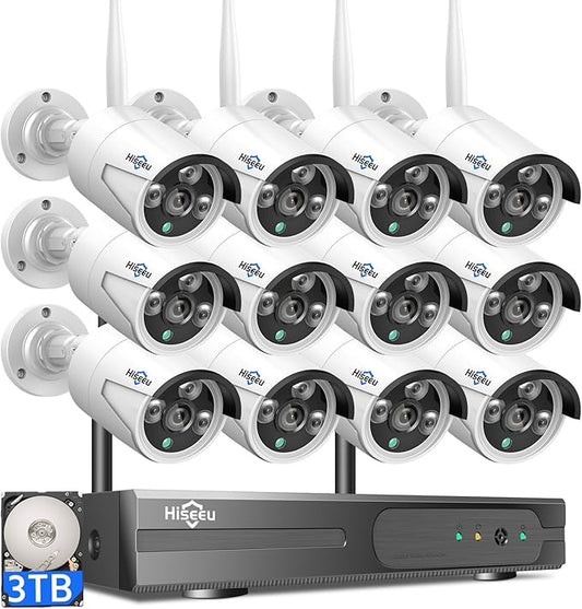 Hiseeu Wireless Pro WiFi Security Camera System, 16CH 4K NVR Kit, 12Pcs 5MP CCTV Home Security Camera System for Indoor/Outdoor Use, Night Vision, Waterproof, Motion Detection, 3TB Hard Drive