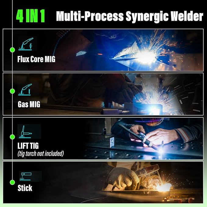 S7 Gas and Gasless 200A 110V/220V Multiprocess MIG Welder - 4-in-1 Welding Machine for Flux Cored, MIG, Lift TIG, and Stick ARC Welding Machine