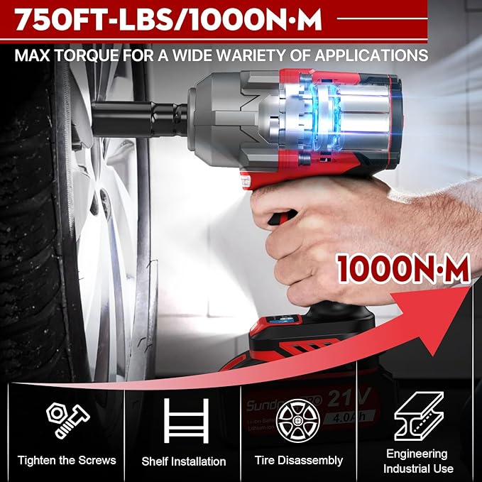 Cordless Impact Wrench 750Ft-lbs(1000N·m) - 21V 1/2" Brushless Electric Impact Driver with 2 * 4.0Ah Battery - 3000RPM Power Impact Gun with Sockets & Fast Charger & Case for Car Truck RV