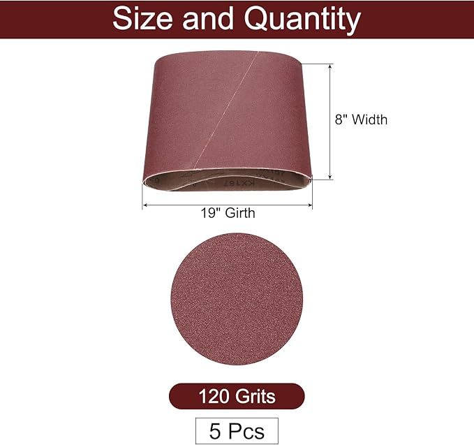 uxcell 5pcs 8" x 19" Sanding Belts 120 Grits Aluminum Oxide Abrasive Belt Sander Paper Sanding Papers for Metal Wood Grinding Polishing, Reddish Brown