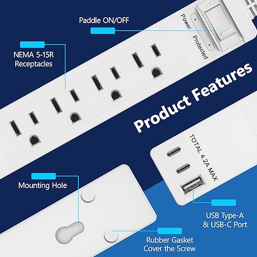 LIDER Outlet Extender with 4 Receptacles, USB Type-A and 2 USB Type-C, Ultra-Thin Flat-Plug with Cord Extender, 4-Outlet Power Strip, Slim Angled Design, Surge Protector, 720 Joules, 5ft Cord, White
