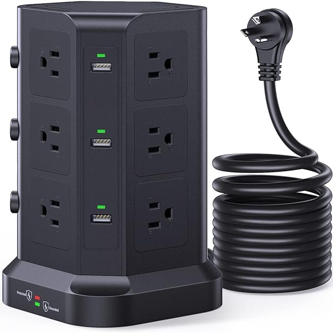 Surge Protector Power Strip Tower, KOOSLA 16.4 FT Extra Long Cord Flat Plug - [15A 1500J] Heavy-Duty 12 Widely Multiple Outlets & 6 USB Charging Station for Home, Office, Dorm Black