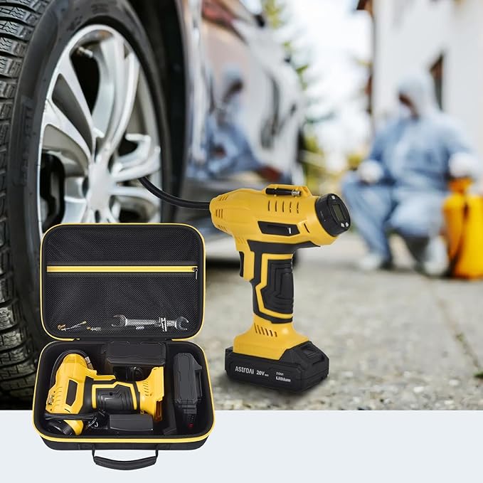 GWCASE Hard Storage Travel Case Compatible with Tire Inflator Portable Air Compressor 20V and 12V Car Power Adapter. Mesh Pocket for Accessories, Built-in Dividers, Black（Bag Only）