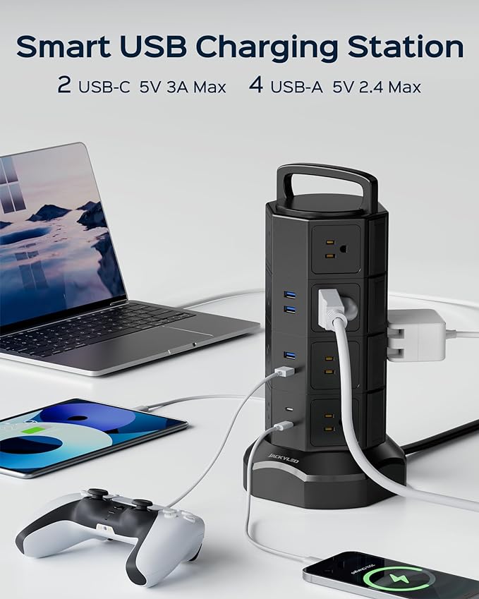 Power Strip Tower Surge Protector, JACKYLED 16 Outlets 6 USB (2 USB C) Charging Station, Extension Cord with Multiple Outlets, 1050J 1625W/13A Outlet Extender 6.5ft Extension Cord for Home Office