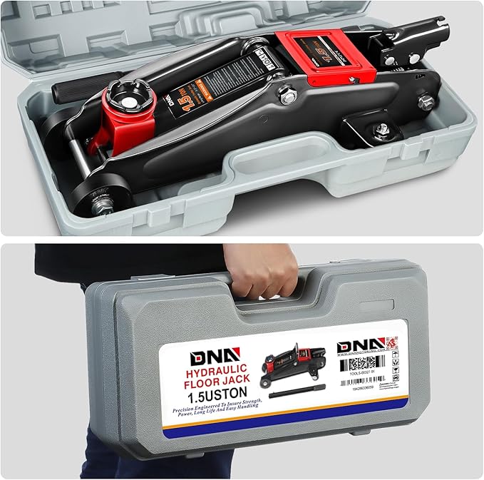 DNA MOTORING Low Profile Hydraulic Trolley Service/Floor Jack, 1.5 Ton (3000 lbs) Capacity, Lifting Range 5.3"-12", Black, TOOLS-00327-BK