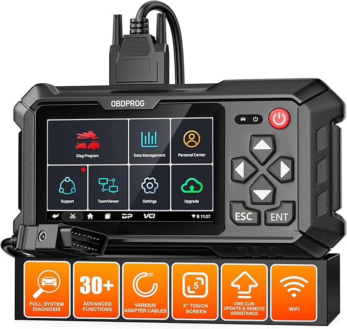 OBDPROG Moto 100 Motorcycle Scanner, Motorcycle All System Diagnostic Tool for Ducati KTM Triumph Yamaha Honda Automotive OBD Code Reader, 30+ Services Reset, Unlimited Auto VINs, 5.0 Touch Screen