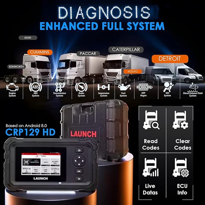 LAUNCH CRP129 HD Heavy Duty Truck Scanner with DPF Regen Injector Cutoff, Full System Diesel Diagnostic Scan Tool for Cummins Caterpillar Pickup Tractor & More Commercial Vehicle Semi-Trucks