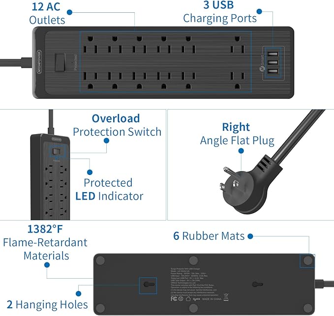 Flat Plug Extension Cord 25 Ft, NTONPOWER Surge Protector Power Strip with 12 Outlets(2 Widely Space) 3 USB, Overload Protection Switch, 2100 Joules, Wall Mount for Home Office and Workbench, Black