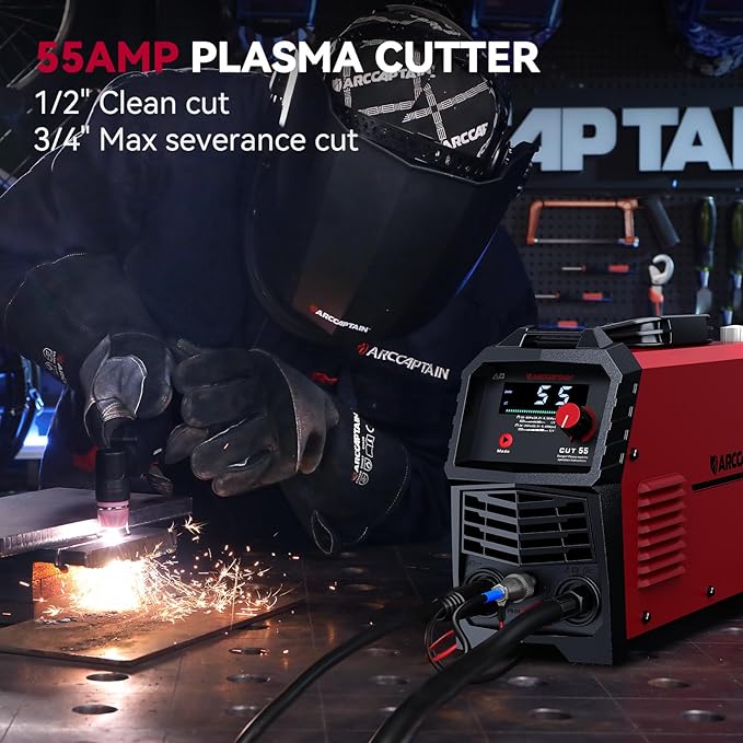 ARCCAPTAIN 55A Plasma Cutter, Large LED Display, Non-Touch Pilot ARC Plasma Cutting Machine, 110/220V Dual Voltage IGBT Inverter, 1/2" Clean Cut, Post Flow, 2T/4T, for Beginners DIY