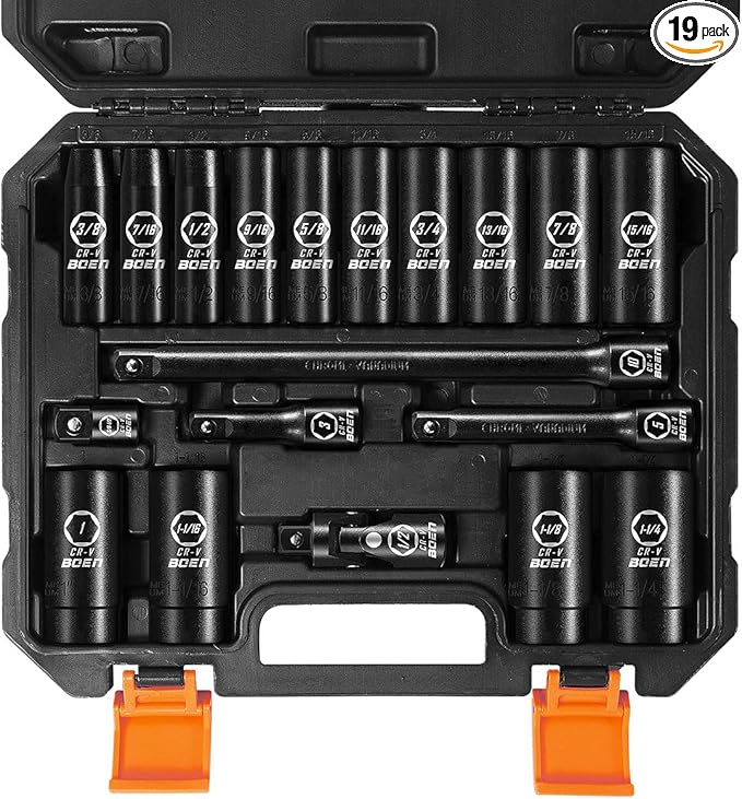 BOEN 19-Piece 1/2" Drive Deep Impact SAE Socket Set, 3/8"-1-1/4", Cr-V Steel, Extensions, Joint, Adapter - Meets ANSI