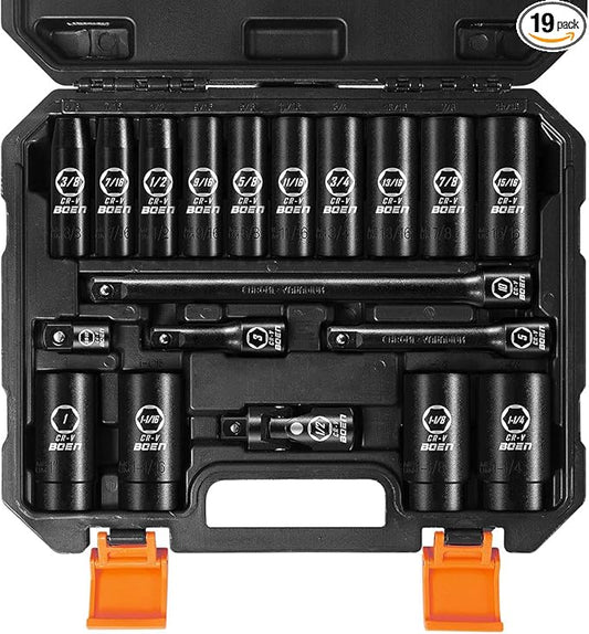 BOEN 19-Piece 1/2" Drive Deep Impact SAE Socket Set, 3/8"-1-1/4", Cr-V Steel, Extensions, Joint, Adapter - Meets ANSI