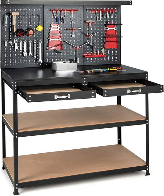 IRONMAX Workbench with Drawers, 48’’ Heavy Duty Workstation Organizer with 25 PCS Hanging Kits, 2 Storage Shelves & 2 Drawers, Work Bench Table for Garage, Home, Workshop, Auto Shop, Basement