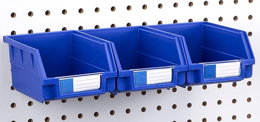 Pegboard Bins - 3 Pack Blue Large - Hooks to Any Peg Board - Organize Hardware, Accessories, Attachments, Workbench, Garage Storage, Craft Room, Tool Shed, Hobby Supplies, Small Parts