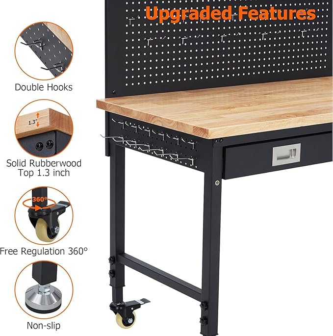 Workbench 48" x 24" Adjustable Height Worktable, Heavy Duty Rubber Wood Top, 2000 LBS Load Capacity, Tool Storage Workstation with Drawer, Pegboard, Power Outlets & Lockable Wheels