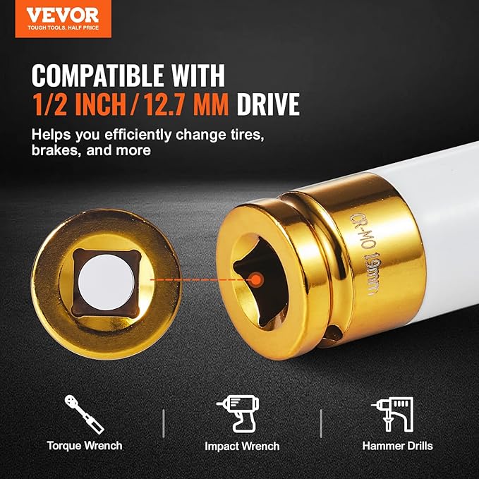 VEVOR Lug Nut Impact Socket Set - 8 Lug Nut Sizes 1/2 inch Drive Metric and SAE 6-Point Deep Socket CR-MO Steel Wheel Socket Set with Storage Case and Extension Bar for Auto Repair