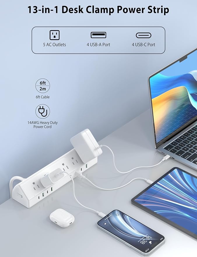 45W Fast Charging Station,Desk Clamp Power Strip,4 PD USB-C Ports,5 AC Outlets,Surge Protector Power Strip, 14AWG Heavy Duty Cord, Fits 1.9" Tabletop Edge (White, 6 FT Cable)