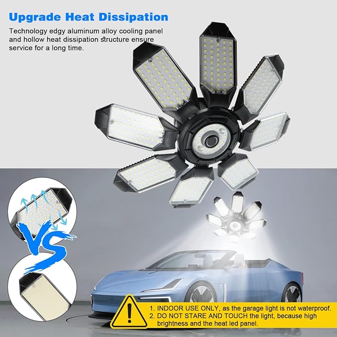 Garage Light - 40000LM Super Bright 6500K Garage Lights Ceiling Led w/ 8 Deformable Panels Compatible for E26/E27 Garage Light Socket Applicable for Garage Barn Warehouse Attic - 2Pack