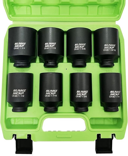 SUNKPMCKP 1/2" Drive Deep 6-Point Impact Socket Set, 8-Piece Standard SAE Spindle Axle Nut Impact Socket Set, Cr-Mo, 1-1/4-Inch to 1-3/4-Inch Size