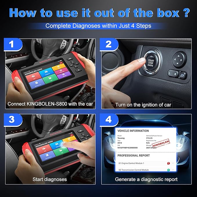 KINGBOLEN S800 OBD2 Automotive Scanner,Car Diagnostic Tool,4-System Scan (Engine/TCM/ABS/SRS) with 15 Resets,Oil SAS TPMS Gear Brake Bleed Reset,Automotriz Code Reader, AutoVIN,Lifetime Fr-ee Update
