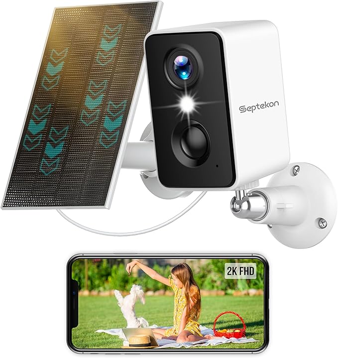 Septekon 2K Security Cameras Wireless Outdoor, Solar Camera for Home Security, Battery Powered Camera with Two Spotlights, PIR Motion Detection Siren, Color Night Vision, 2-Way Audio, IP66, White