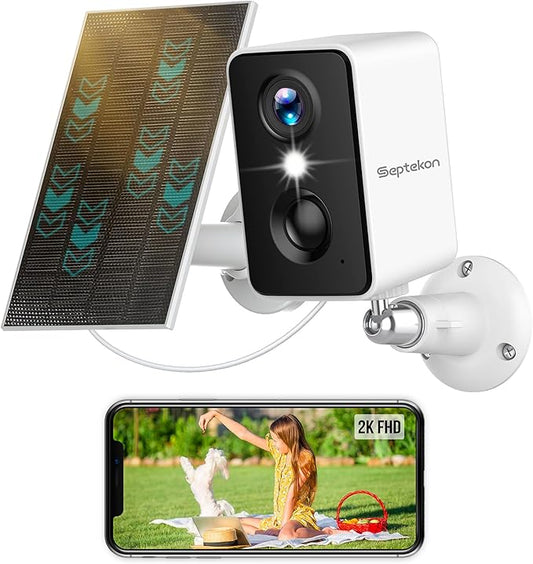 Septekon 2K Security Cameras Wireless Outdoor, Solar Camera for Home Security, Battery Powered Camera with Two Spotlights, PIR Motion Detection Siren, Color Night Vision, 2-Way Audio, IP66, White
