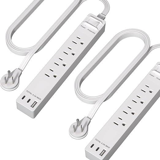 LIDER Outlet Extender with 4 Receptacles, USB-A and 2 USB-C, Ultra-Thin Flat-Plug with Cord Extender, 4-Outlet Power Strip, Slim Angled Design, Surge Protector, 720 Joules, 5ft Cord, White, 2 Pack