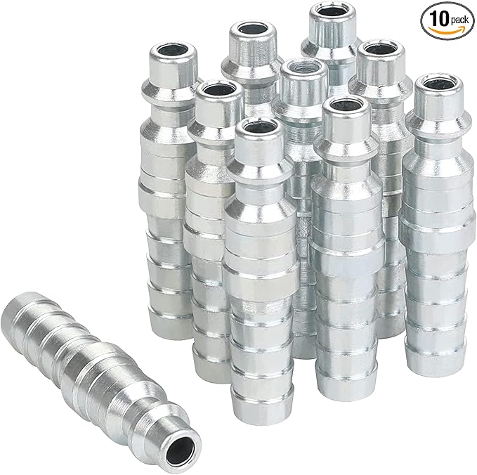 1/4 Air Plug with 3/8 Inch Hose Barb, Industrial M-Type Plug, 1/4 Inch Flow Size, Steel Material, 300PSI, 10 Pieces Air Hose Fittings