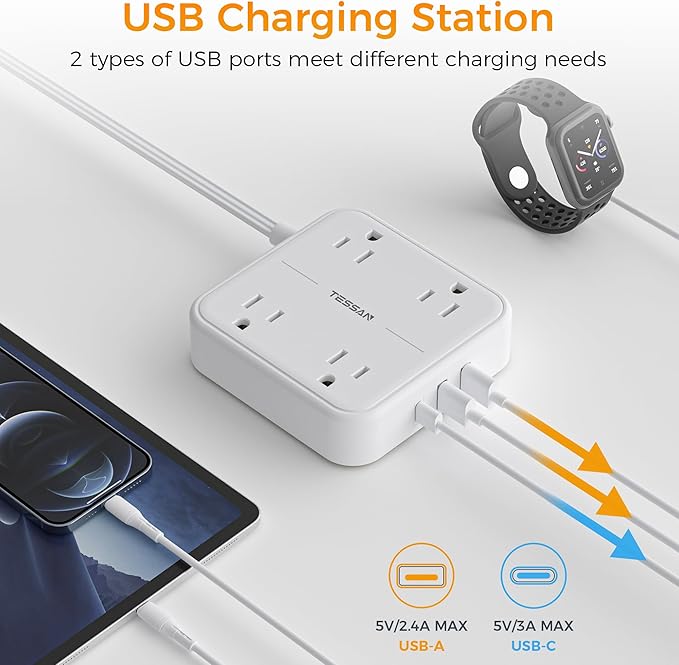 Long Flat Extension Cord 15 ft, TESSAN Surge Protector Power Strip 15 Feet with 4 Outlets 3 USB Ports (1 USB C), 3 Prong Flat Plug Charging Station with Surge Protection, Wall Mount Indoor Essentials