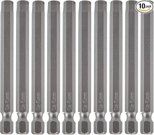 Hex Allen Wrench Long Screwdriver Bit Set H6 6mm Metric Drill Bit 10PCS 1/4 Inch Hex Shank 3 Inch/75 mm Length S2 Steel with Magnetic for Power Screwdriver Drill Impact Driver Repair Toolkit