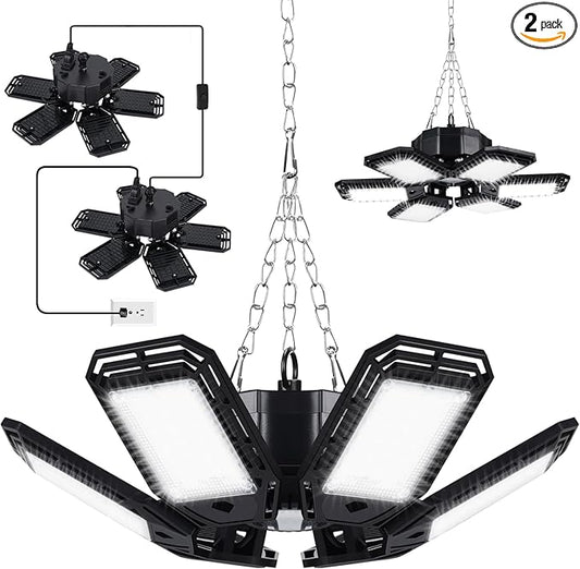 LED Garage Lights 2 Pack -180W, 18000LM 6500K Led Shop Light with 6+1 Deformable Panels, Basement Barn Light Garage Ceiling Lights, E26/E27 for Garage, Warehouse, Shop, Basement