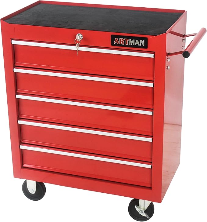 Rolling Tool Chest Metal Tool Box with Wheels Tool Cabinet Craftsman Tool Cart on Wheels Tool Box Portable Tool Box with Wheels 5 Drawers Multifunctional Tool Cart with Wheels, Red