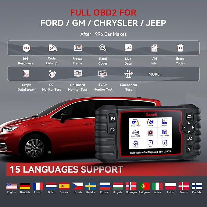Full System Diagnostic Scan Tool for GM Ford Chrysler Jeep Scanner, iCarsoft US V2.0 in-Depth Diagnose OBD2 Code Reader, Full Reset, Battery Test for Buick/Chevrolet/Cadillac/GMC -2025