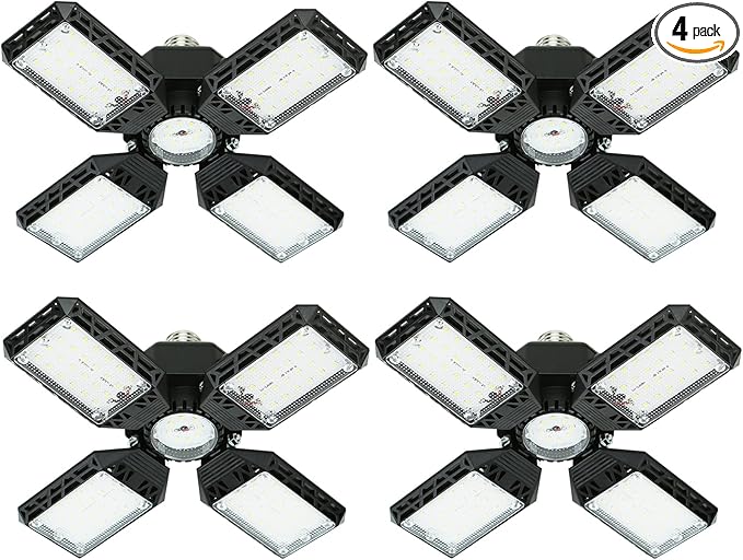 4-Pack LED Garage Light,150W Deformable LED Garage Ceiling Lights,15000LM Garage Lights with 4 Adjustable Panels, E26/E27 LED Shop Lights for Garage, Basement,Workshop