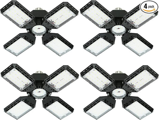 4-Pack LED Garage Light,150W Deformable LED Garage Ceiling Lights,15000LM Garage Lights with 4 Adjustable Panels, E26/E27 LED Shop Lights for Garage, Basement,Workshop