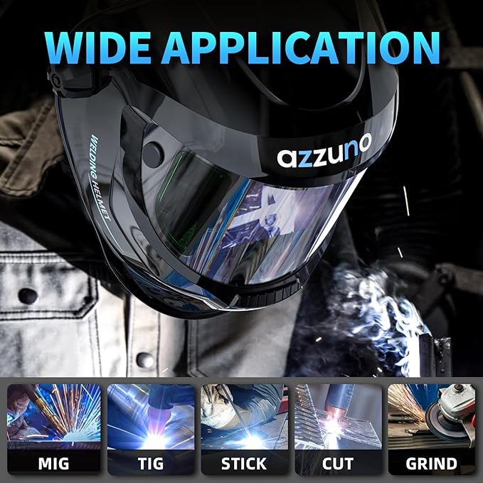 AZZUNO Auto Darkening Welding Helmet, Large Viewing 3.94"×3.82" with Side View 1.97"× 3.82", Solar Powered Welding Hood Mask with Wide Shade 4/5-8/9-13 for TIG/MIG/Stick Weld/Cut/Grind