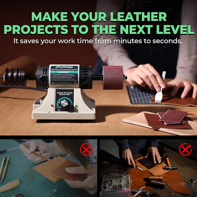 Leather Burnishing Machine with 12pcs Sanding Sleeves Adjustable Speed Burnisher Leather Edge Polishing Grinding Kit Rosewood Grinding Head Sander Buffing Motor 110V