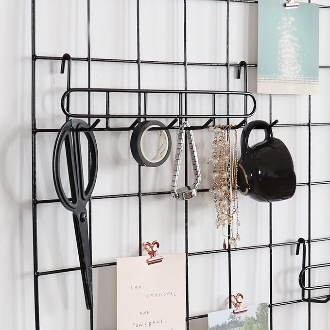 FRIADE Storage Hooks Rack, 2 Pack - Iron Wire Grid Hooks for Wall Mount Storage and Display, 10.7”x 2.8”x1.8 », Black