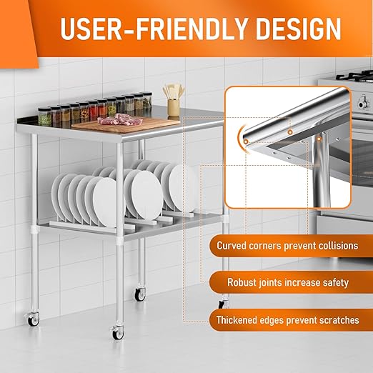 Stainless Steel Prep & Work Table with Adjustable Shelf, with Backsplash and Wheels, Kitchen Island, Commercial Workstations, Utility Table in Kitchen Garage Laundry Room Outdoor BBQ, 30" X 36"