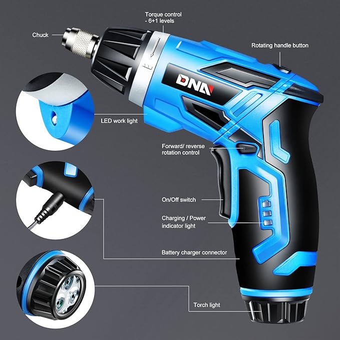 ‎DNA MOTORING TOOLS-00236 Rechargeable 3.6V Cordless Electric Screwdriver Tool Kit with LED Worklight, Blue