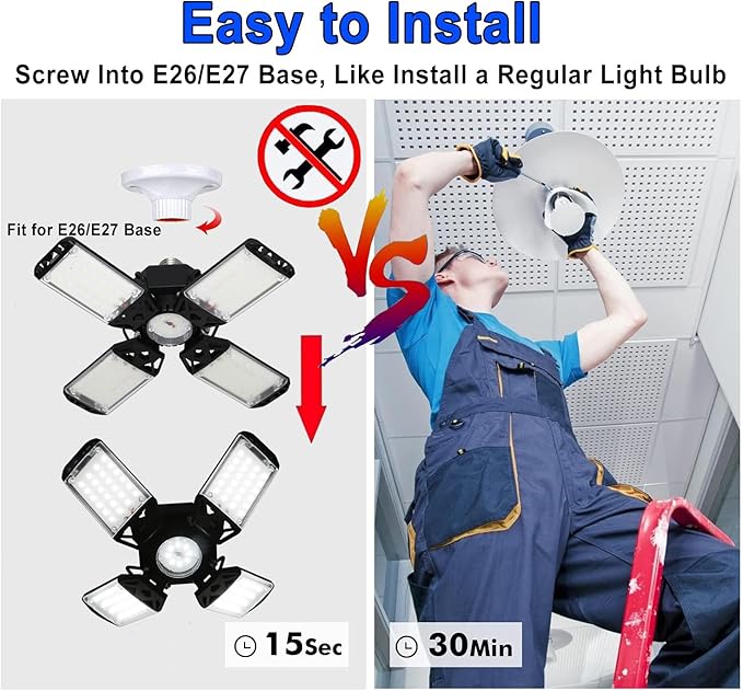 150W LED Garage Light, 15000 Lumen Garage LED Ceiling Lights with 4+1 Adjustable Panels, E26/E27 6500K Daylight LED Shop Light Bulb Fixture LED Lights for Garage, Workshop