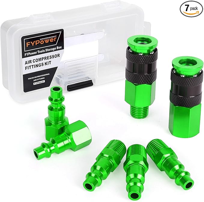Air Hose Fittings, 7 Pieces 1/4" NPT Aluminum AMT Universal Air Couplers and I/M Industrial Type Air Plugs Kit, Green