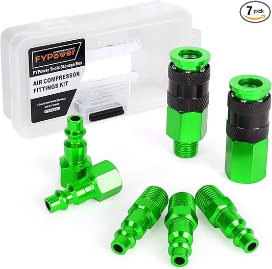 Air Hose Fittings, 7 Pieces 1/4" NPT Aluminum AMT Universal Air Couplers and I/M Industrial Type Air Plugs Kit, Green