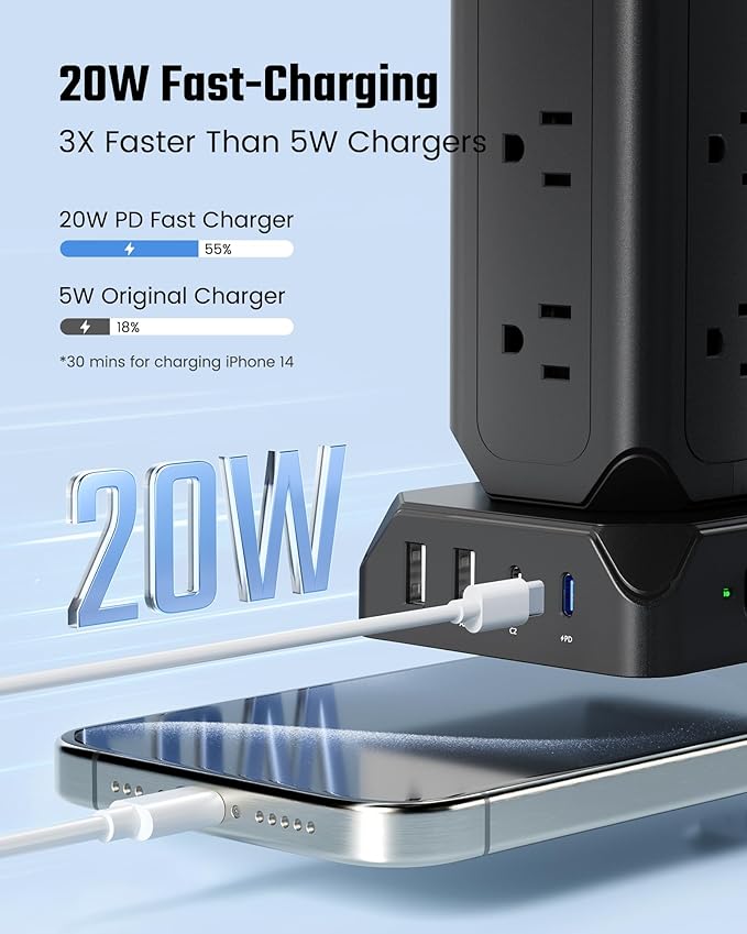 Black Power Strip Tower, SUPERDANNY 12 Outlets with 35W USB(2 USB-A & 2 USB-C) Charging Station, 1625W/13A, 1700J Surge Protector, 6.5ft Flat Plug Extension Cord with Multiple Outlets for Home, Office